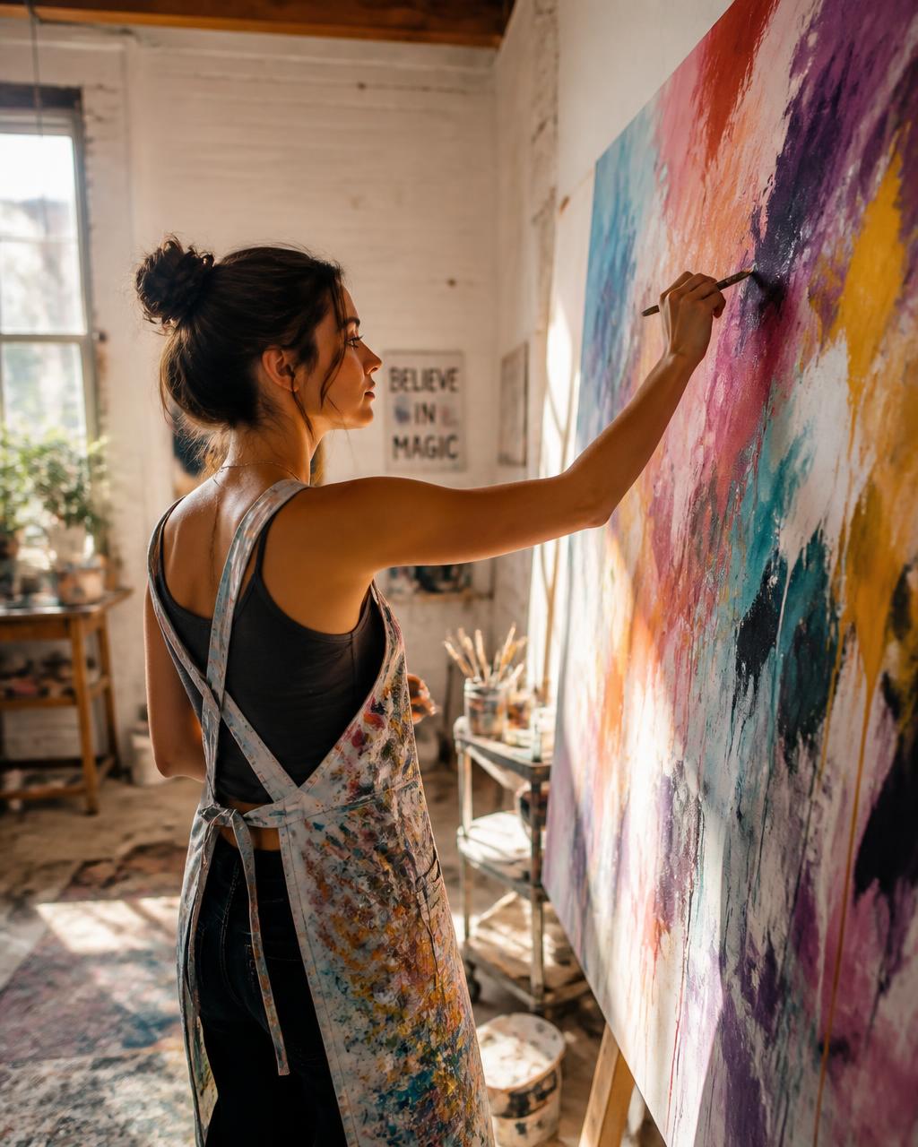 La artista pintando un lienzo abstracto en su estudio